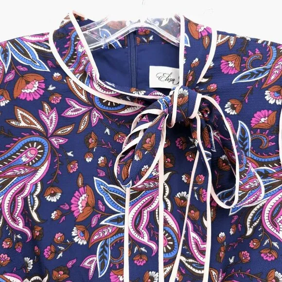 NWT ELIZA J Dress Navy Pink Paisley Floral Blouson Fit Flare Neck Tie Size 6P - Picture 2 of 10